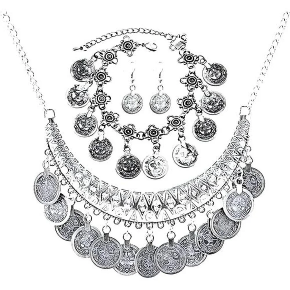 3PC Bohemian Coin Necklace Bracelet Earrings Set Gypsy Women's Jewelry